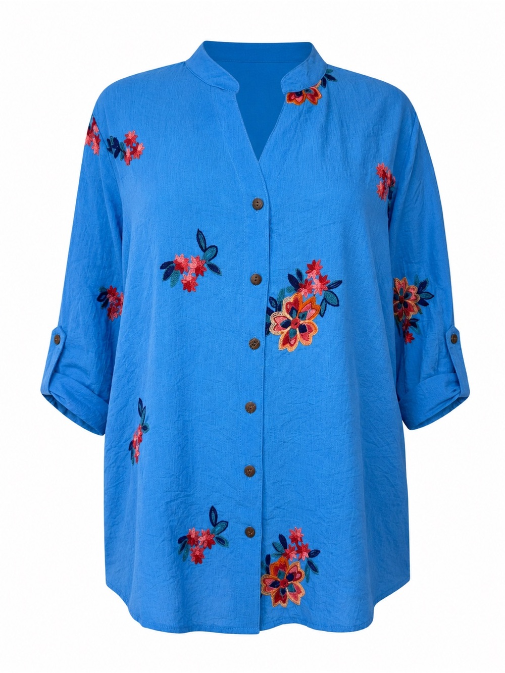 Kindred Turquoise Blue Embroidered Floral Button Front Roll Tab Sleeve Top Sz 1X